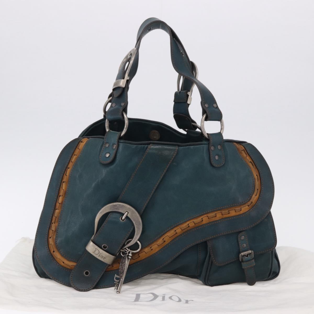 Christian Dior Gaucho Tote Bag Leather Green Silver Auth 194708V