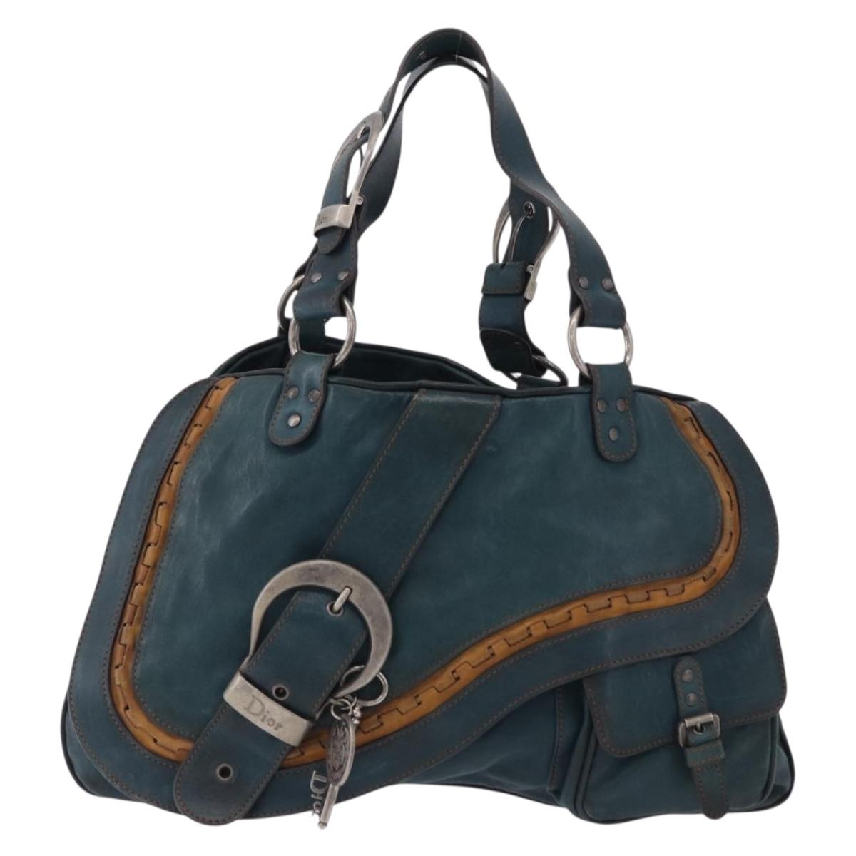 Christian Dior Gaucho Tote Bag Leather Green Silver Auth 194708V