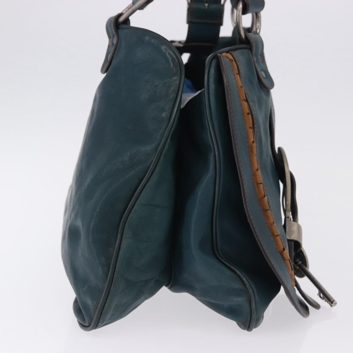 Christian Dior Gaucho Tote Bag Leather Green Silver Auth 194708V