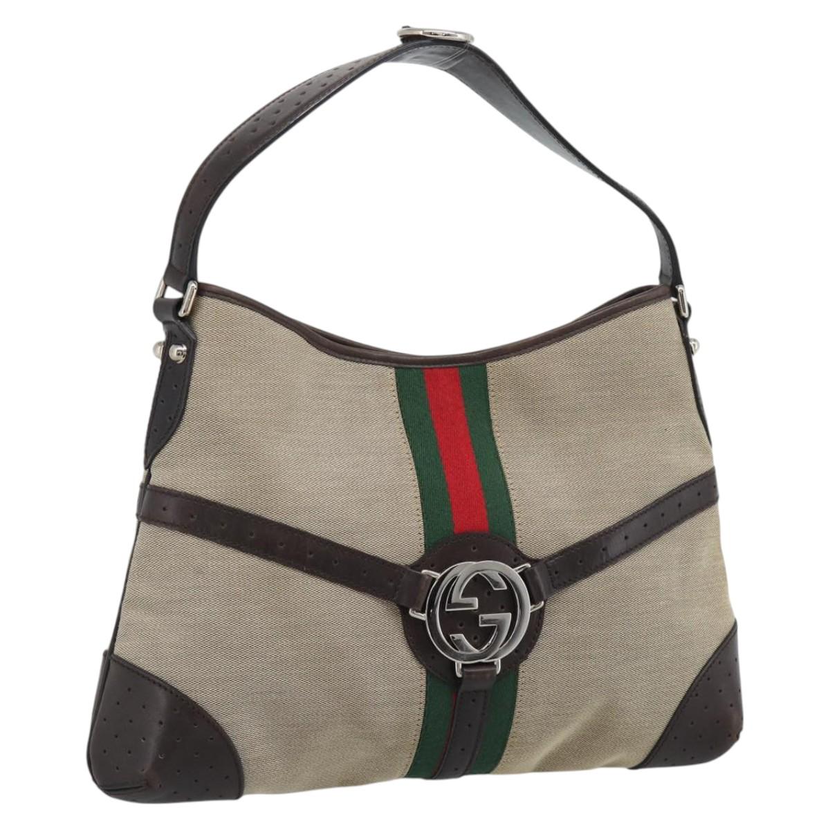 GUCCI Web Sherry Line Shoulder Bag Canvas Beige Silver 114879 Auth 194715A