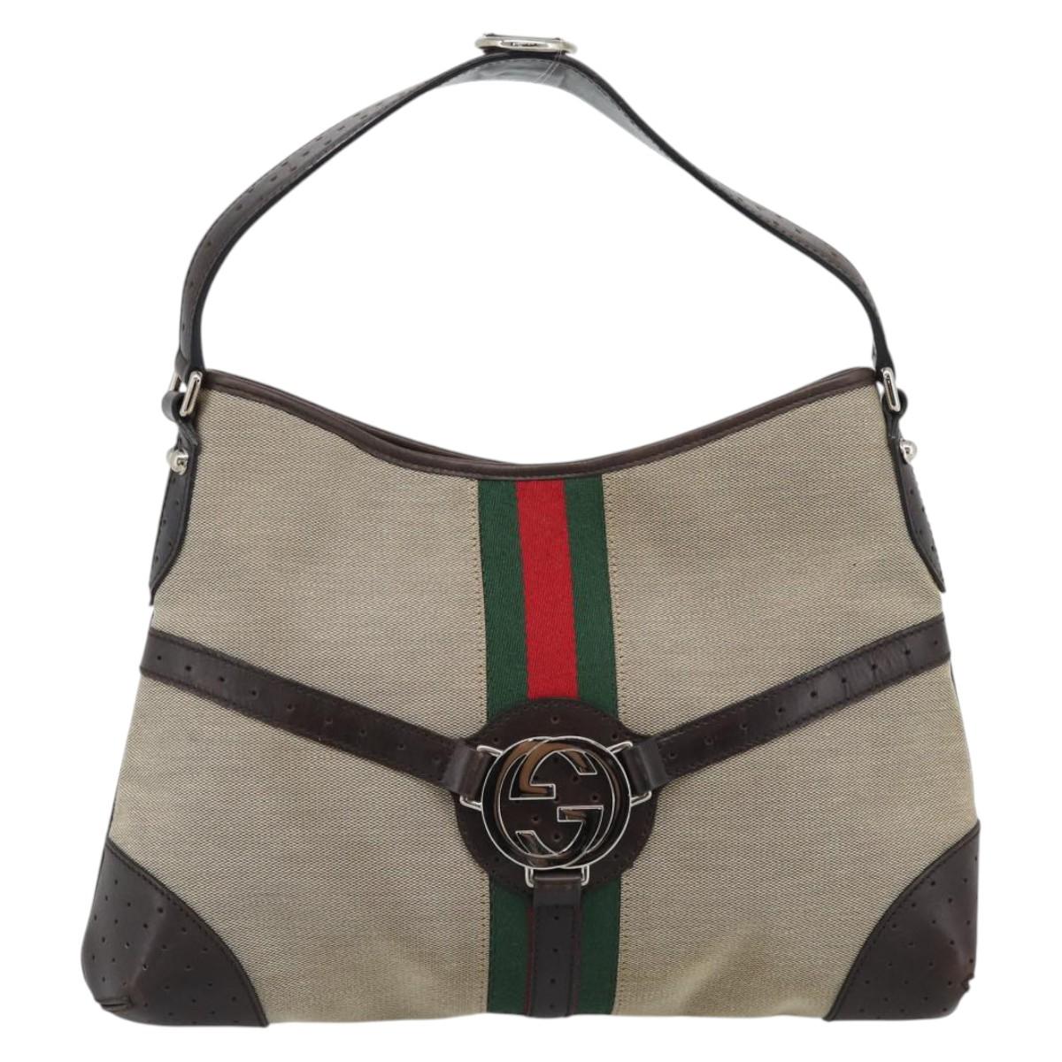 GUCCI Web Sherry Line Shoulder Bag Canvas Beige Silver 114879 Auth 194715A