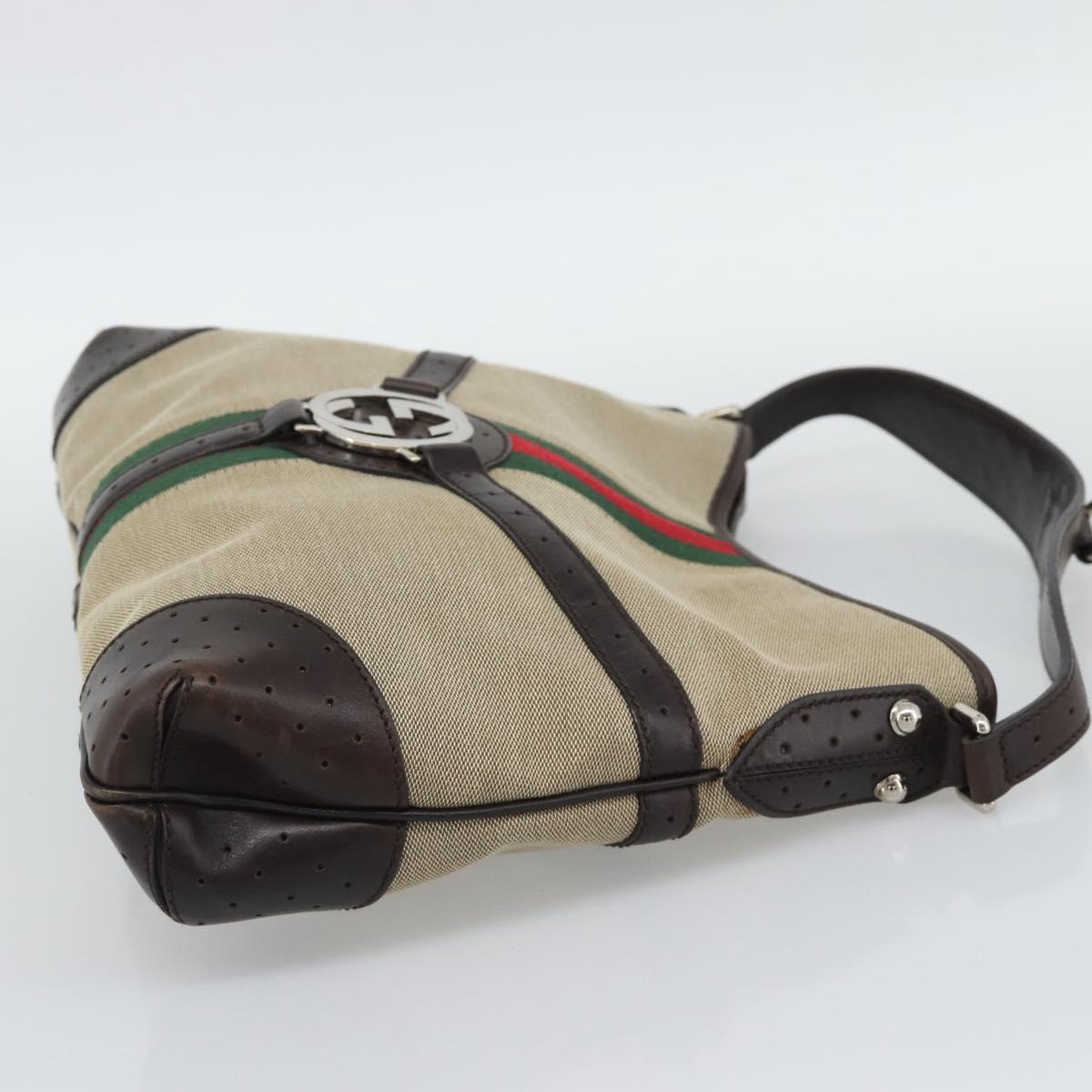 GUCCI Web Sherry Line Shoulder Bag Canvas Beige Silver 114879 Auth 194715A