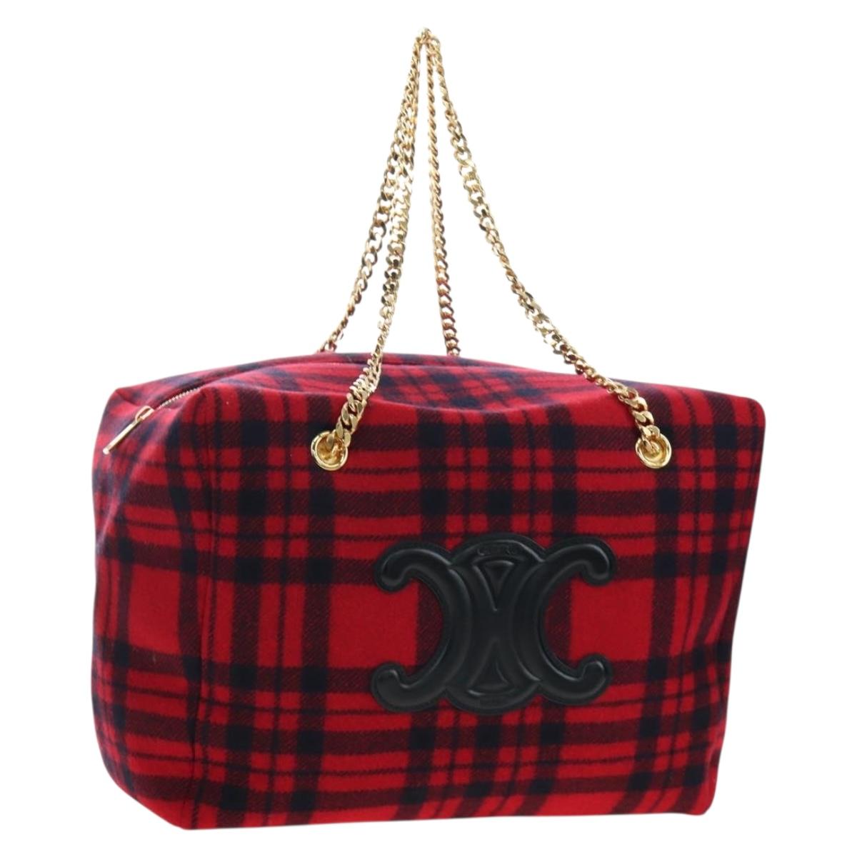 CELINE Triomphe Chain Large Pliage Patapan Bag Wool Red Gold Auth 194727SAM