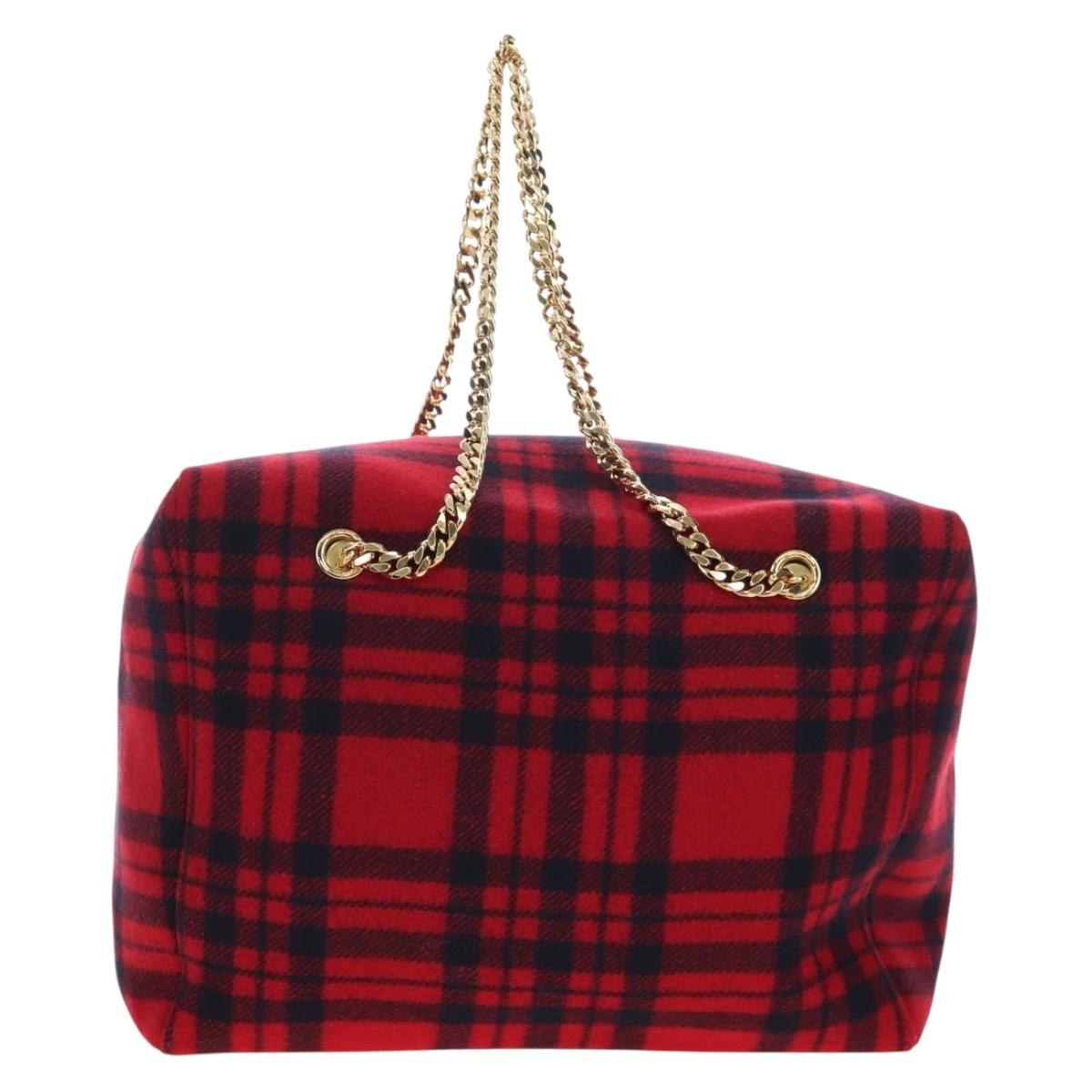 CELINE Triomphe Chain Large Pliage Patapan Bag Wool Red Gold Auth 194727SAM