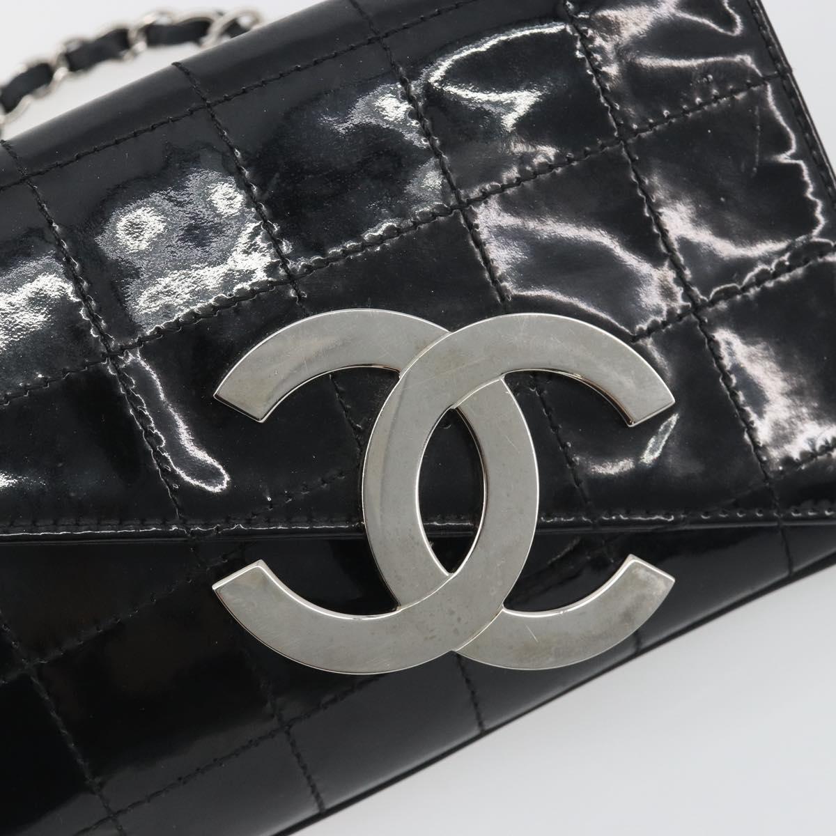 CHANEL Choco Bar Chain Shoulder Bag Patent Leather Black Silver CC Auth 194728A