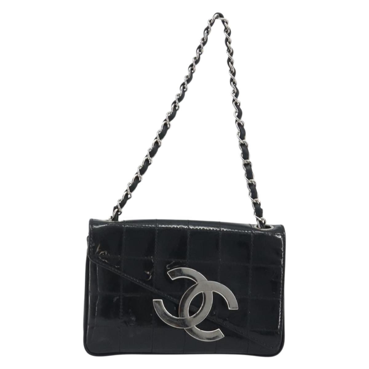 CHANEL Choco Bar Chain Shoulder Bag Patent Leather Black Silver CC Auth 194728A