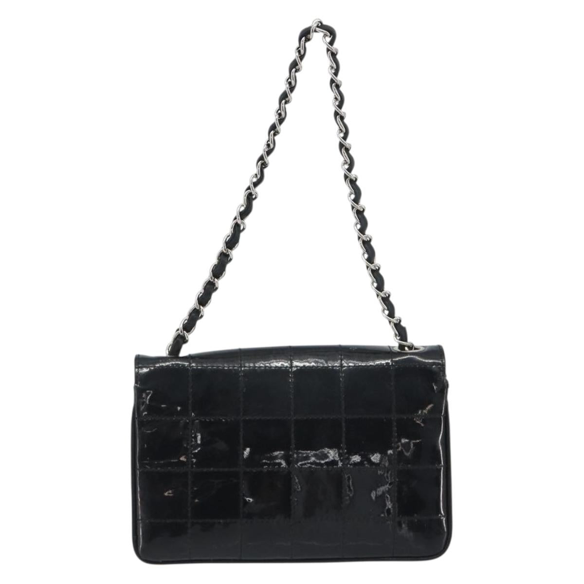 CHANEL Choco Bar Chain Shoulder Bag Patent Leather Black Silver CC Auth 194728A