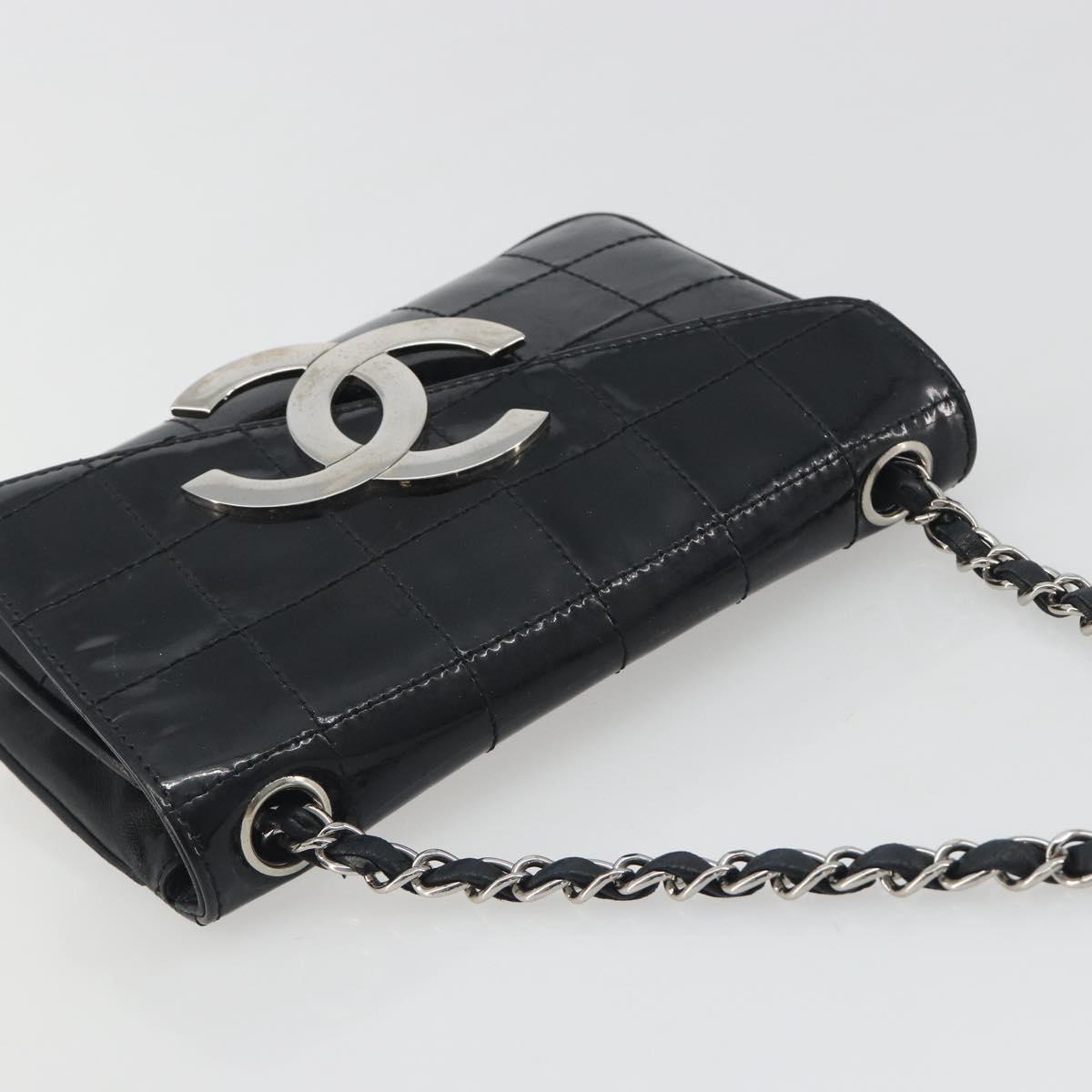 CHANEL Choco Bar Chain Shoulder Bag Patent Leather Black Silver CC Auth 194728A