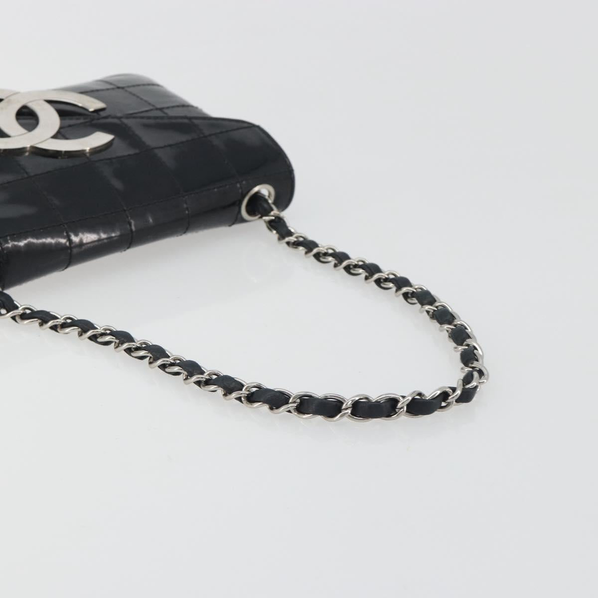 CHANEL Choco Bar Chain Shoulder Bag Patent Leather Black Silver CC Auth 194728A