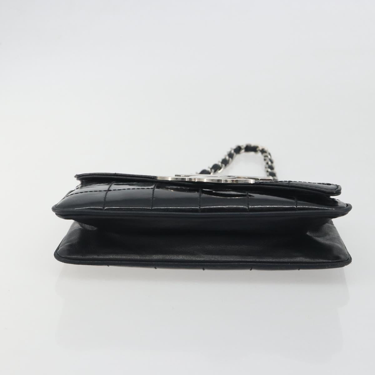 CHANEL Choco Bar Chain Shoulder Bag Patent Leather Black Silver CC Auth 194728A