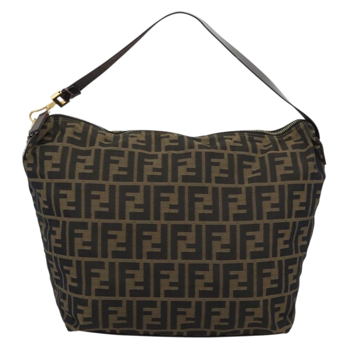FENDI Zucca Canvas Shoulder Bag Black Brown Auth 194729