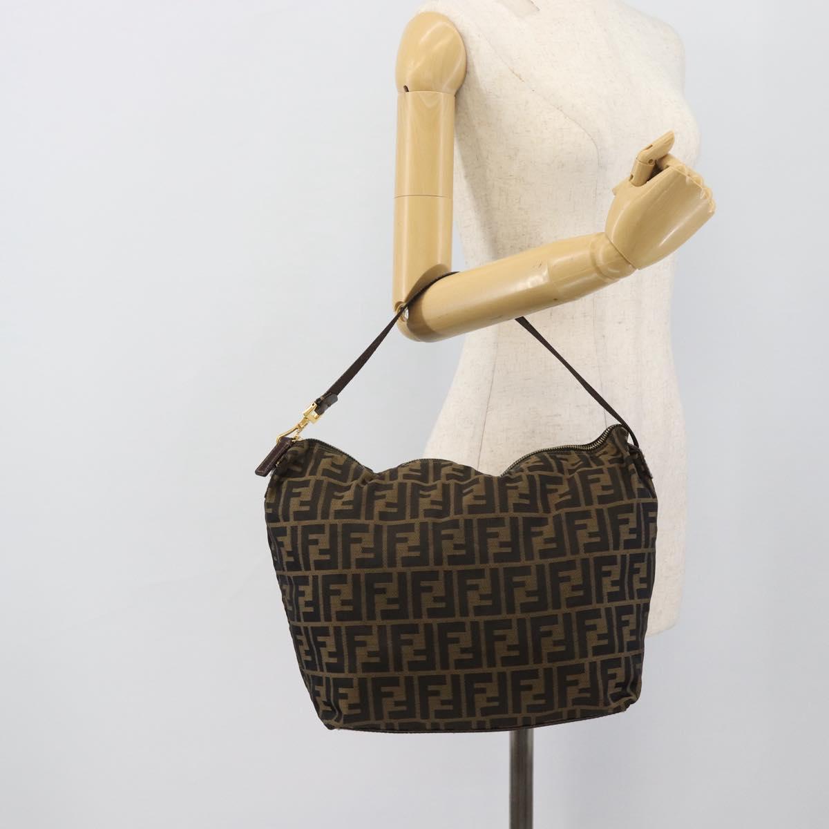 FENDI Zucca Canvas Shoulder Bag Black Brown Auth 194729