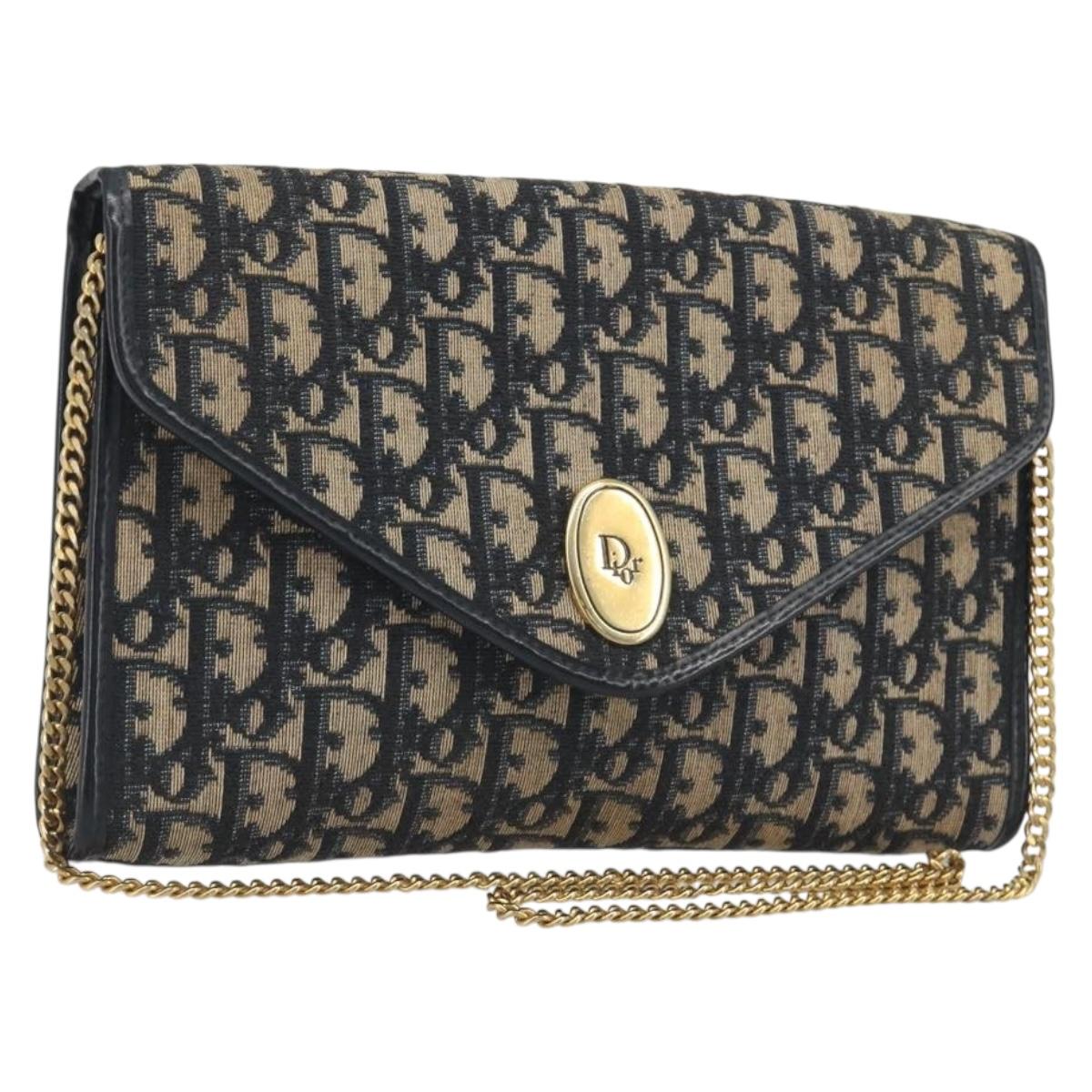 Christian Dior Trotter Canvas Chain Shoulder Bag Navy Gold Auth 194730