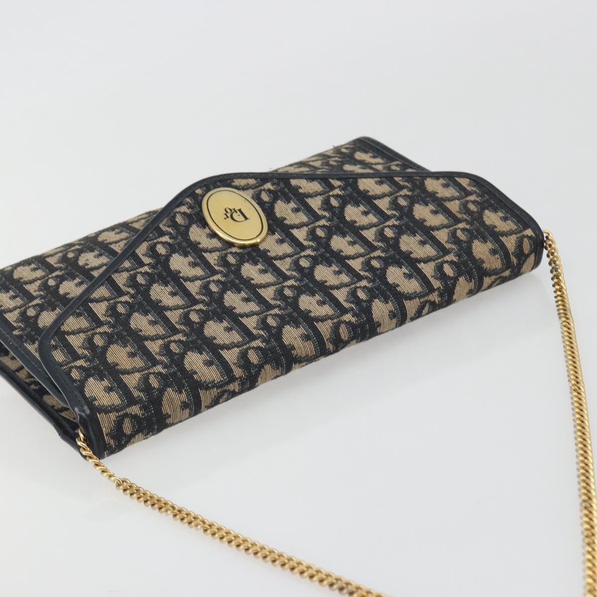 Christian Dior Trotter Canvas Chain Shoulder Bag Navy Gold Auth 194730