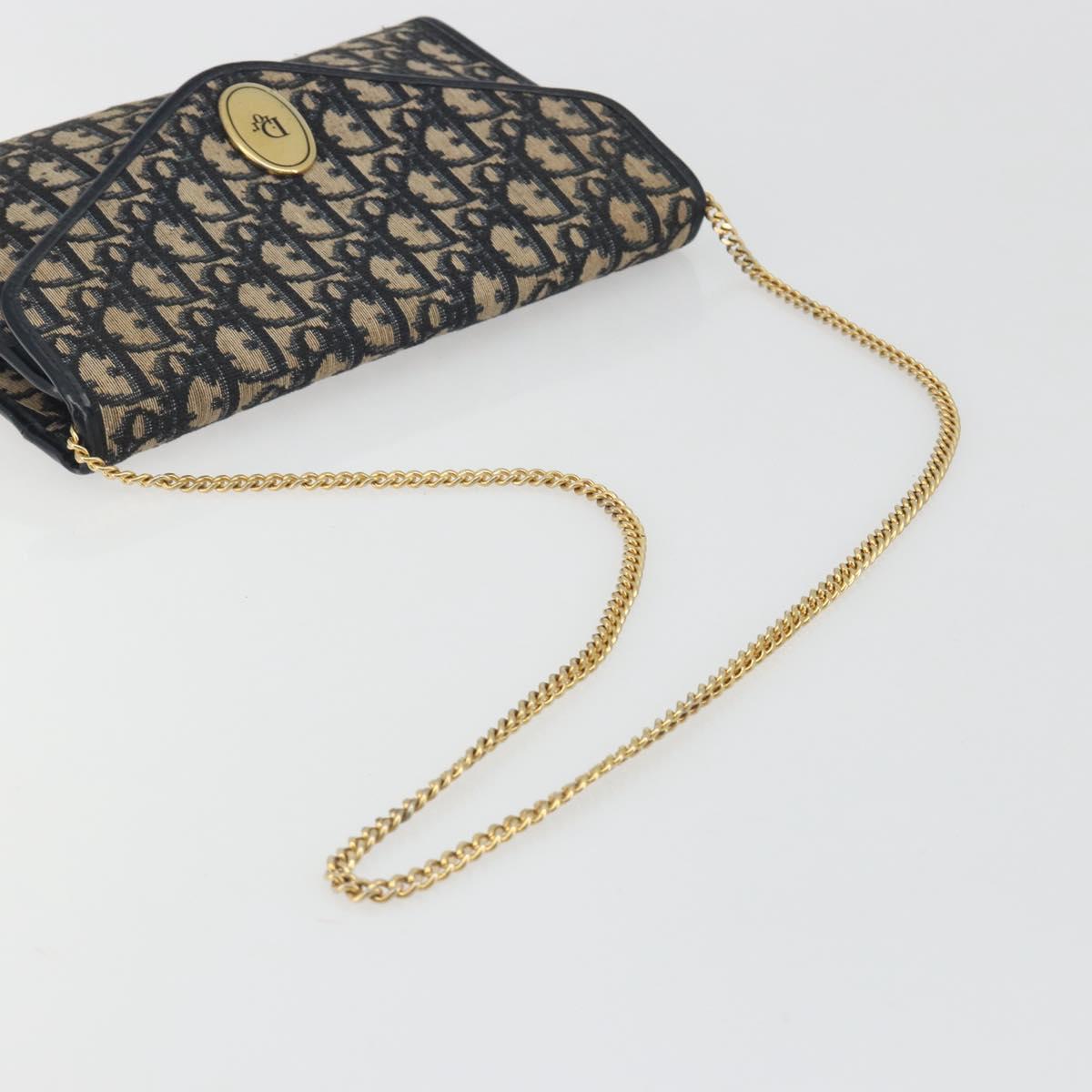 Christian Dior Trotter Canvas Chain Shoulder Bag Navy Gold Auth 194730