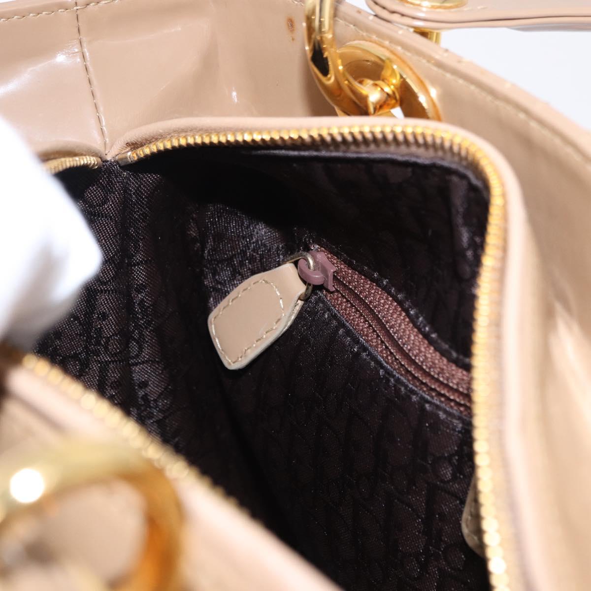 Christian Dior Lady Dior Canage Hand Bag Patent leather Beige Gold Auth 194732V