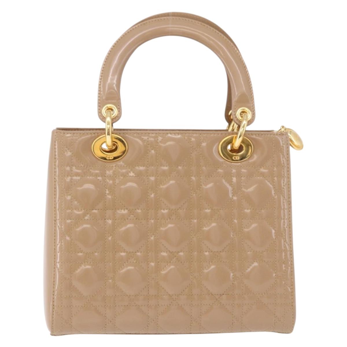 Christian Dior Lady Dior Canage Hand Bag Patent leather Beige Gold Auth 194732V