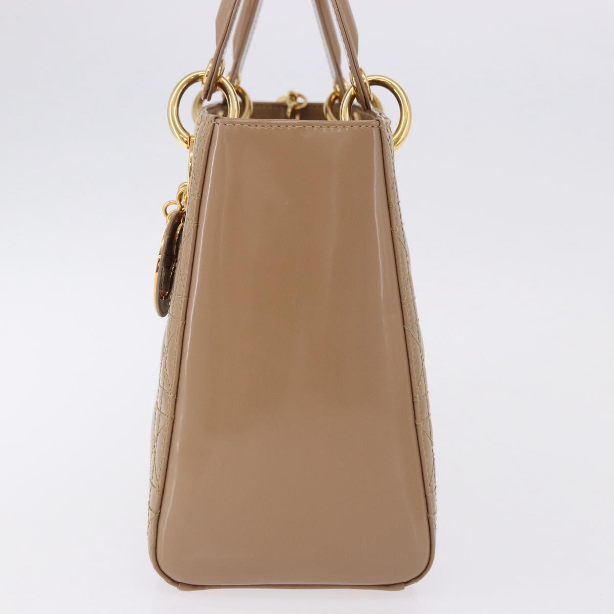 Christian Dior Lady Dior Canage Hand Bag Patent leather Beige Gold Auth 194732V