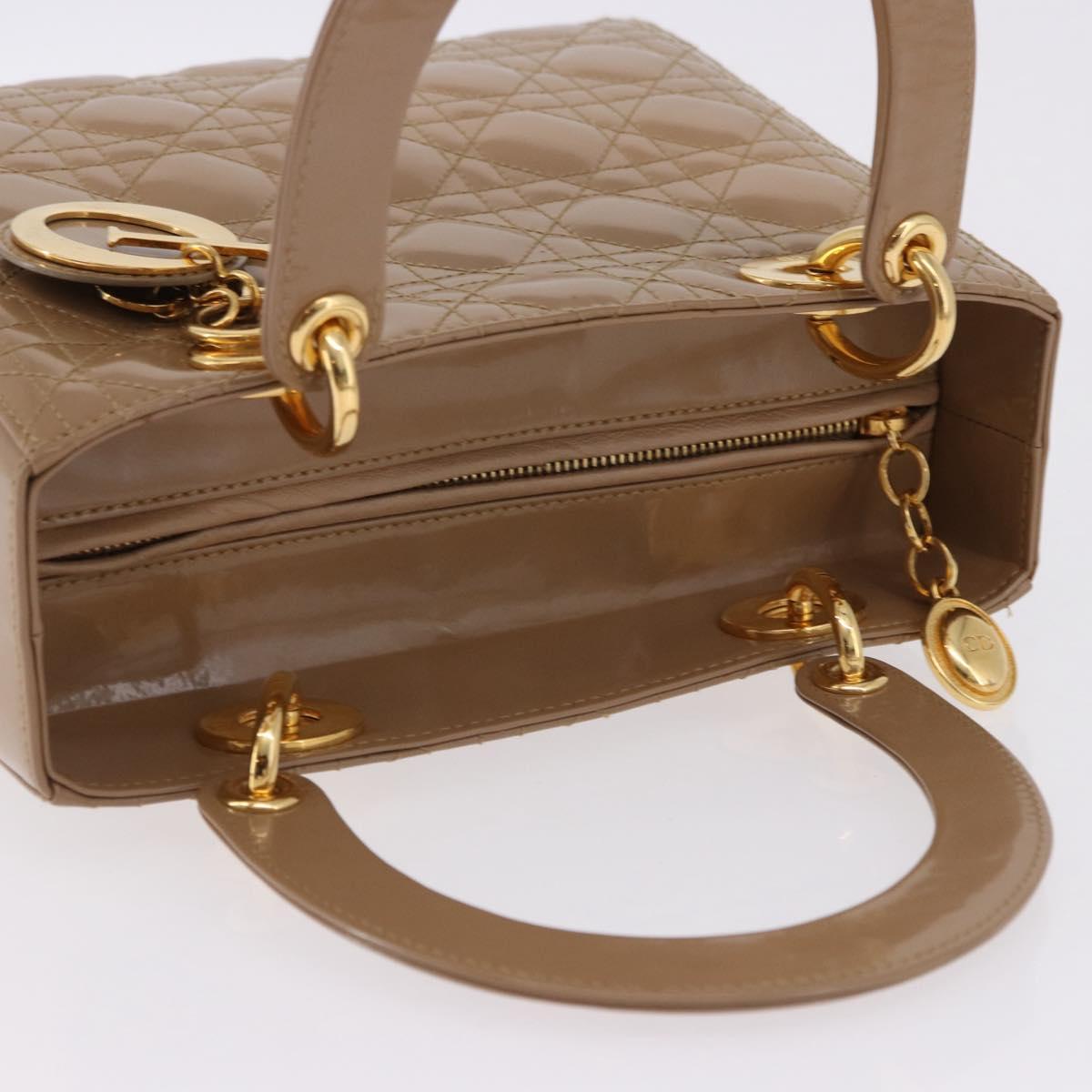 Christian Dior Lady Dior Canage Hand Bag Patent leather Beige Gold Auth 194732V