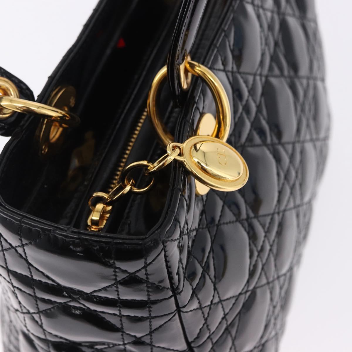 Christian Dior Lady Dior Canage Hand Bag Patent leather Black Gold Auth 194734V