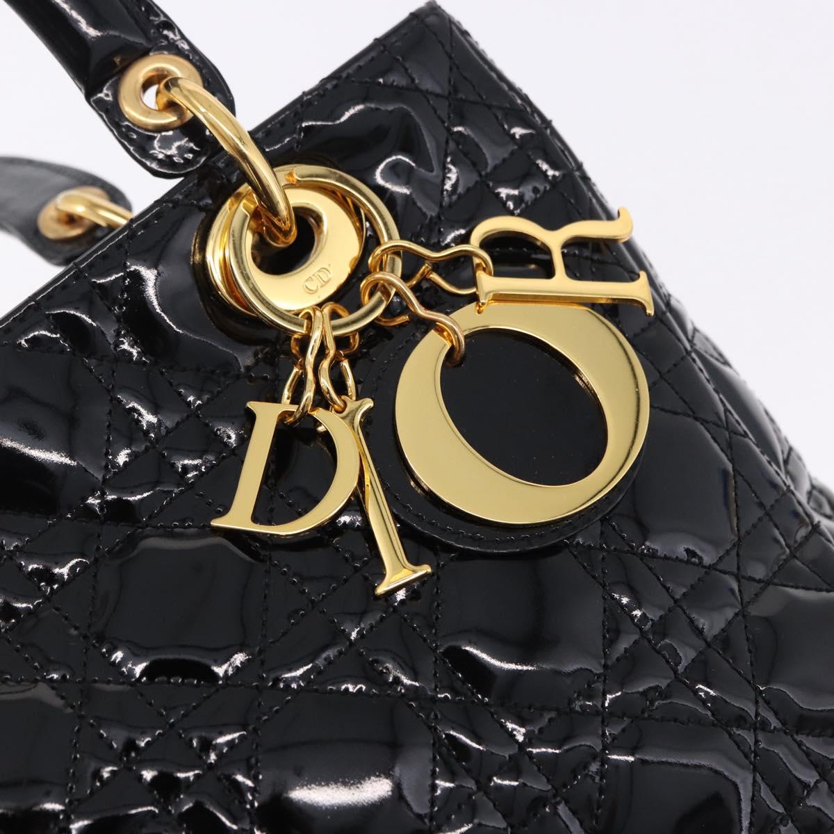 Christian Dior Lady Dior Canage Hand Bag Patent leather Black Gold Auth 194734V