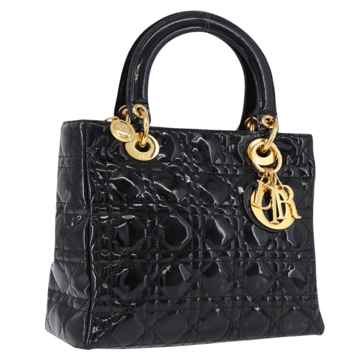 Christian Dior Lady Dior Canage Hand Bag Patent leather Black Gold Auth 194734V
