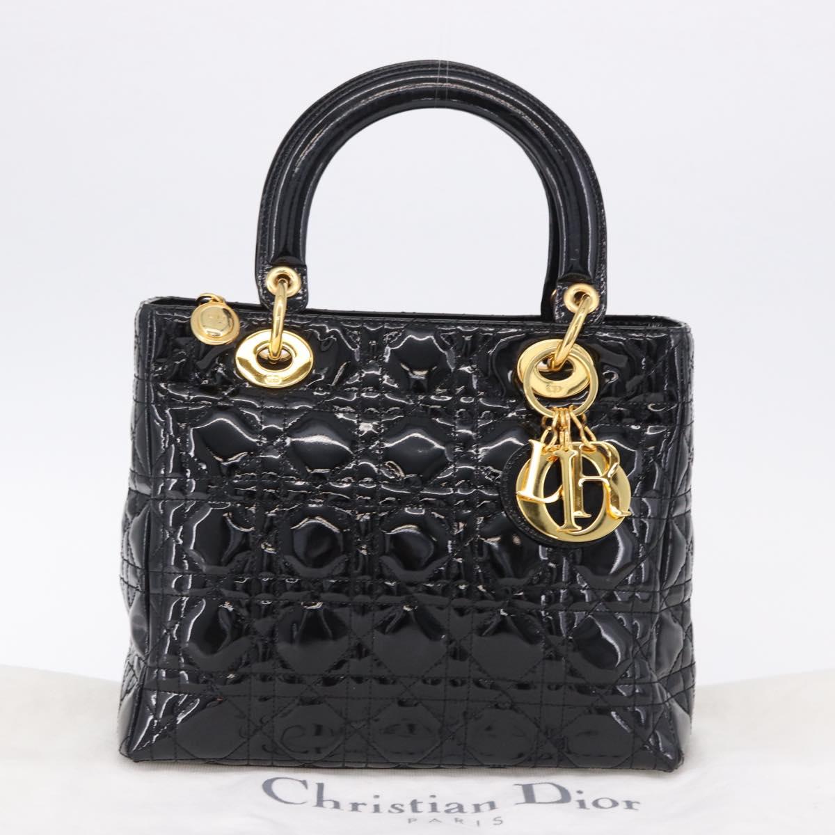 Christian Dior Lady Dior Canage Hand Bag Patent leather Black Gold Auth 194734V