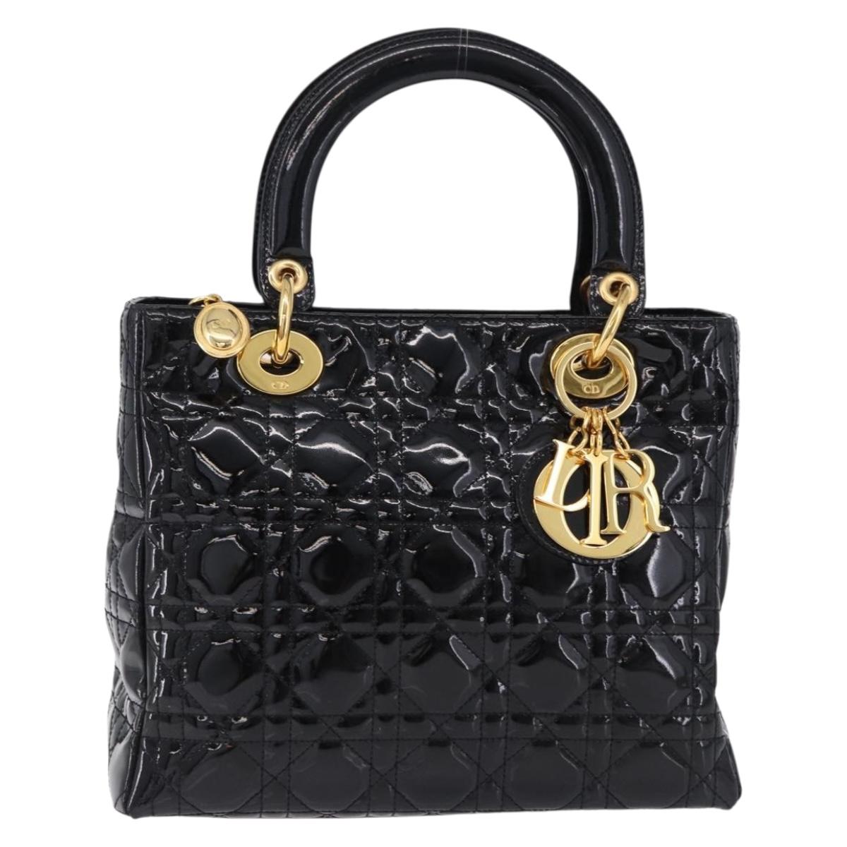 Christian Dior Lady Dior Canage Hand Bag Patent leather Black Gold Auth 194734V