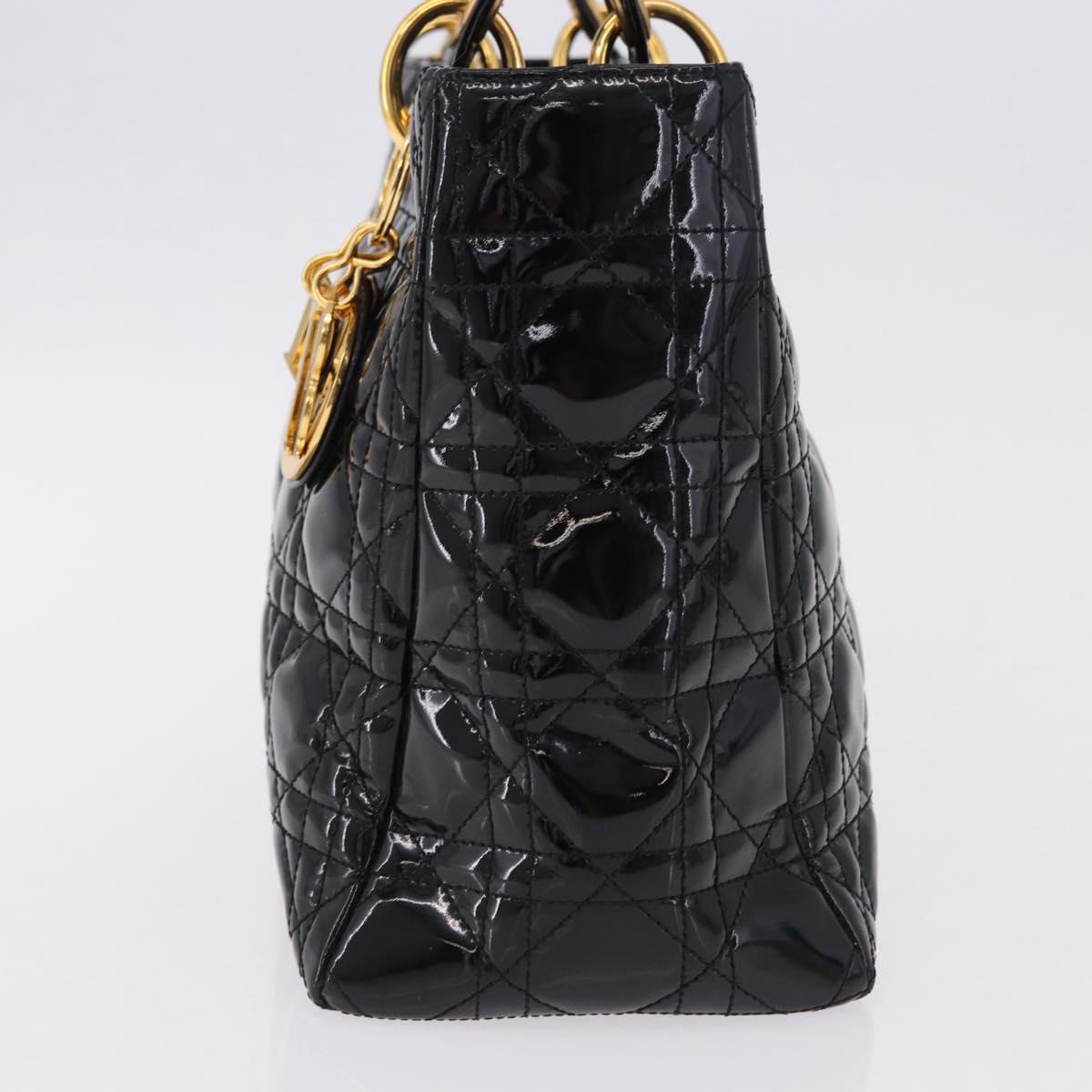 Christian Dior Lady Dior Canage Hand Bag Patent leather Black Gold Auth 194734V
