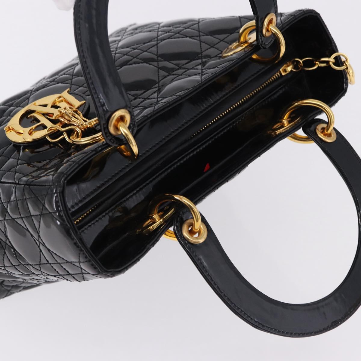 Christian Dior Lady Dior Canage Hand Bag Patent leather Black Gold Auth 194734V
