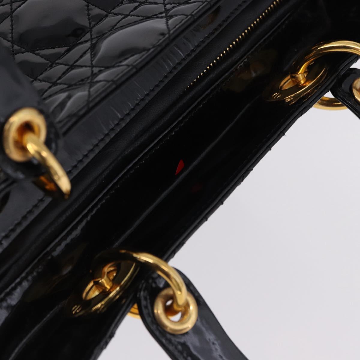 Christian Dior Lady Dior Canage Hand Bag Patent leather Black Gold Auth 194734V