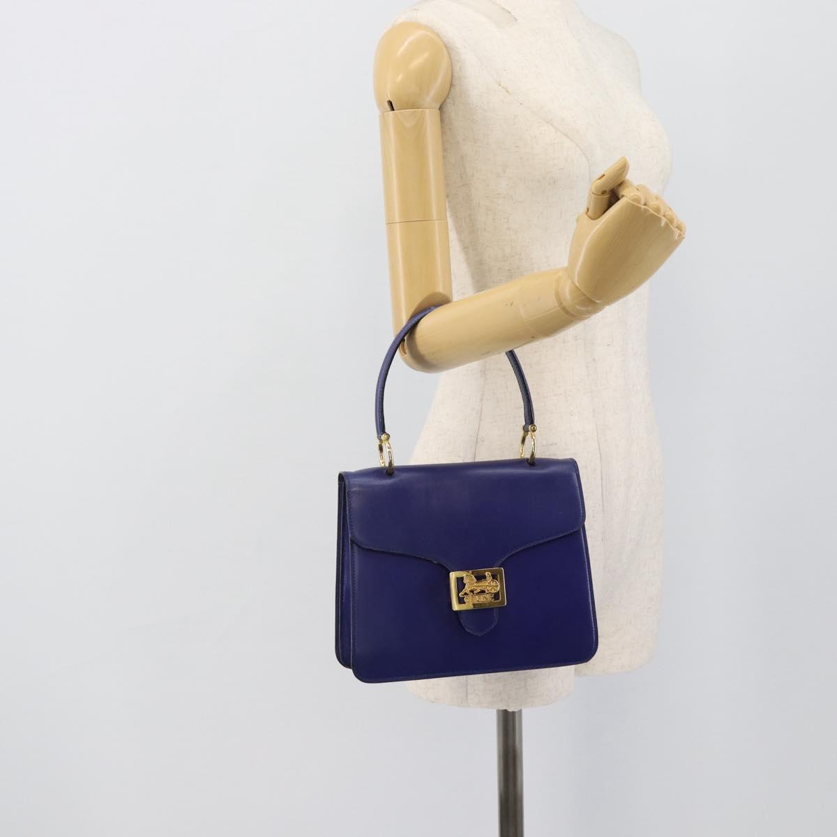 CELINE Horse Carriage Hand Bag Leather Blue Gold Auth 194737
