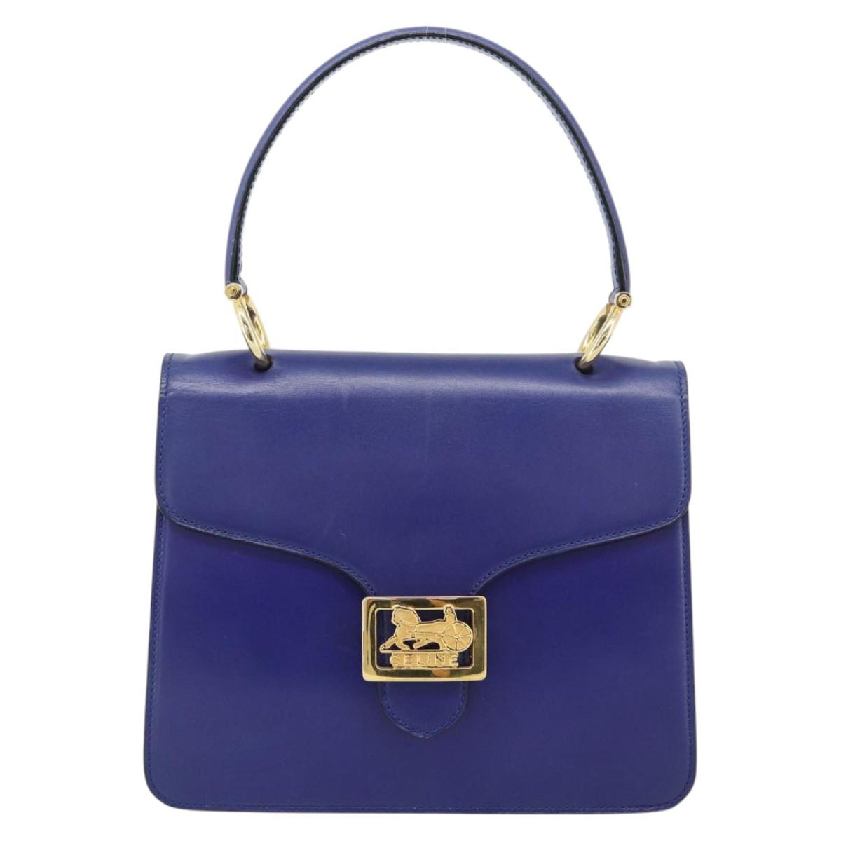 CELINE Horse Carriage Hand Bag Leather Blue Gold Auth 194737