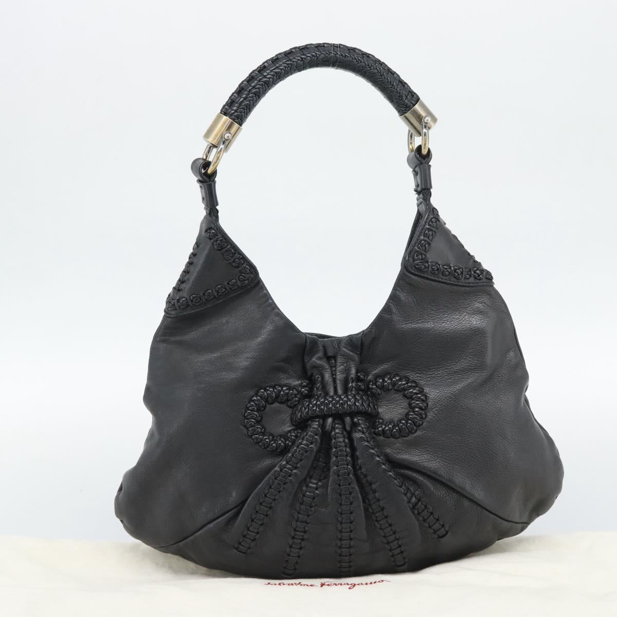 Salvatore Ferragamo Gancini Shoulder Bag Leather Black Silver Auth 194747A