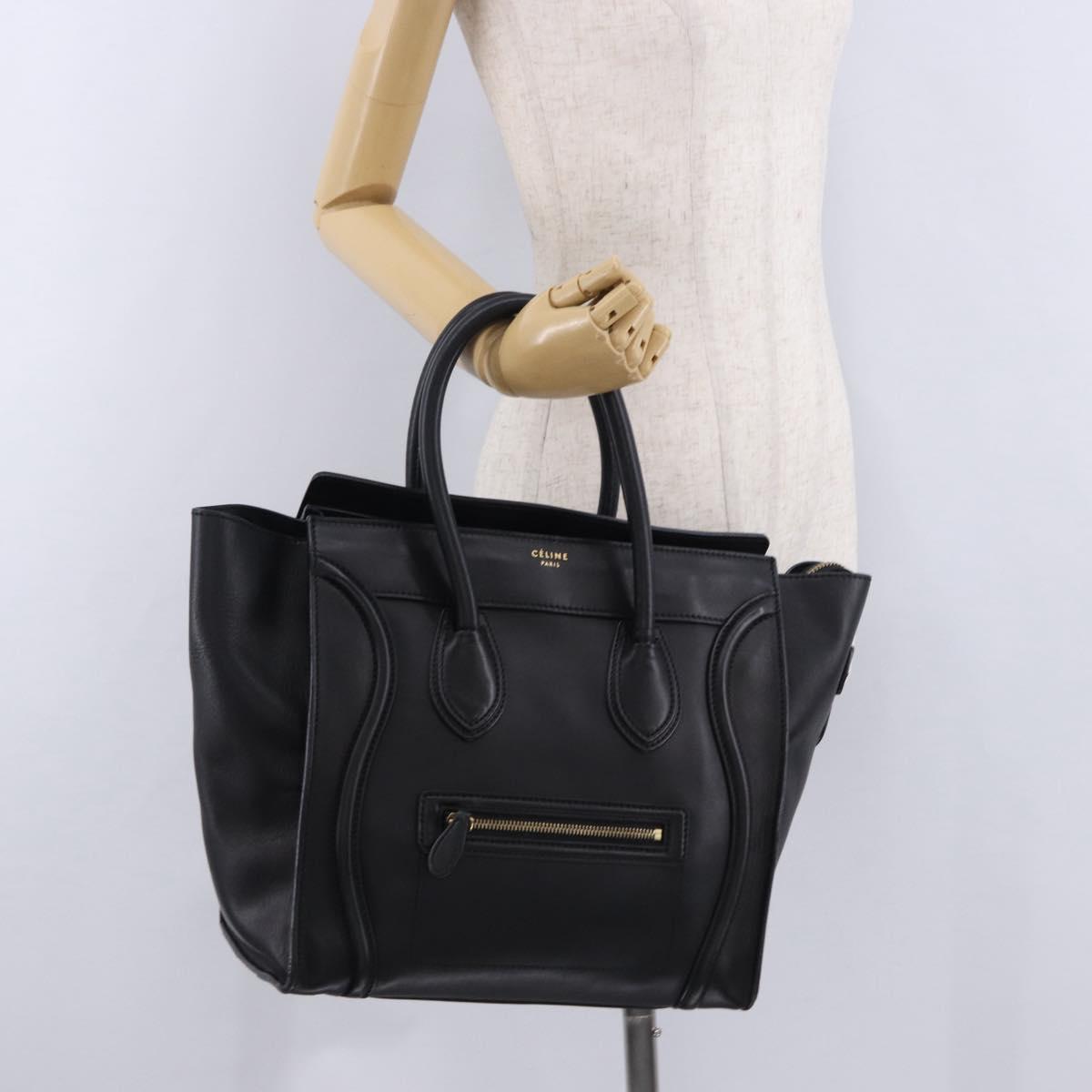 CELINE Luggage Mini shopper Hand Bag Calf Skin Black Silver Auth 194754V