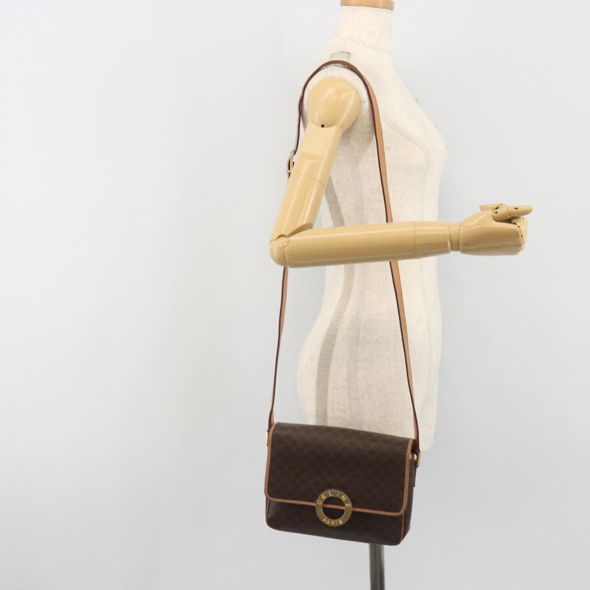 CELINE Macadam Canvas Circle Shoulder Bag PVC Leather Brown Gold Auth 194756