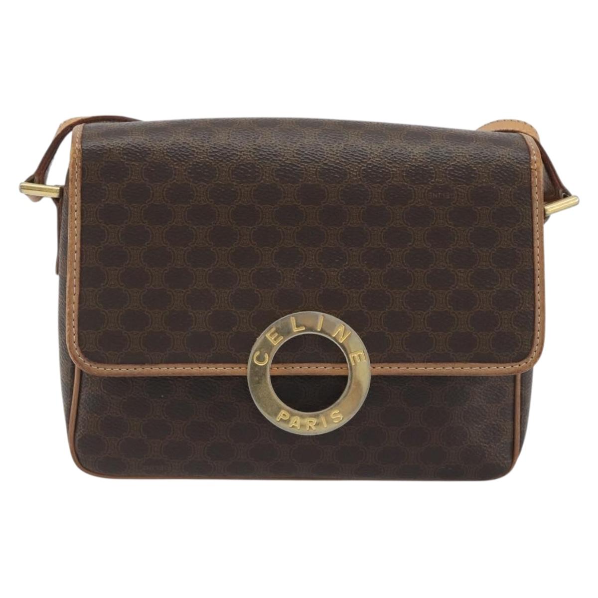 CELINE Macadam Canvas Circle Shoulder Bag PVC Leather Brown Gold Auth 194756