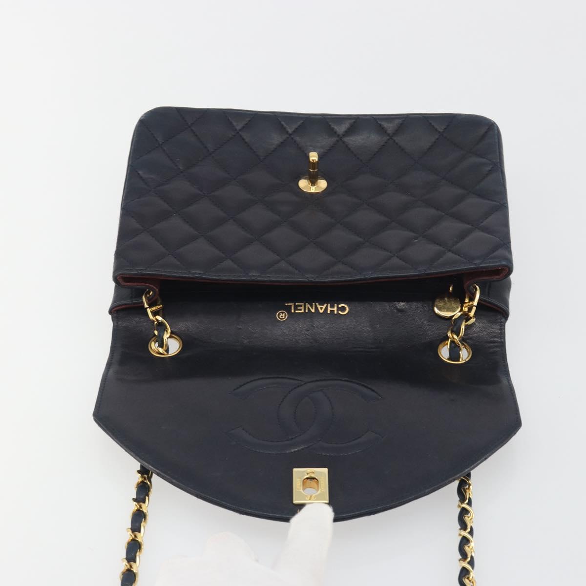 CHANEL Matelasse Chain Shoulder Bag Lamb Skin Navy Gold CC Auth 194761