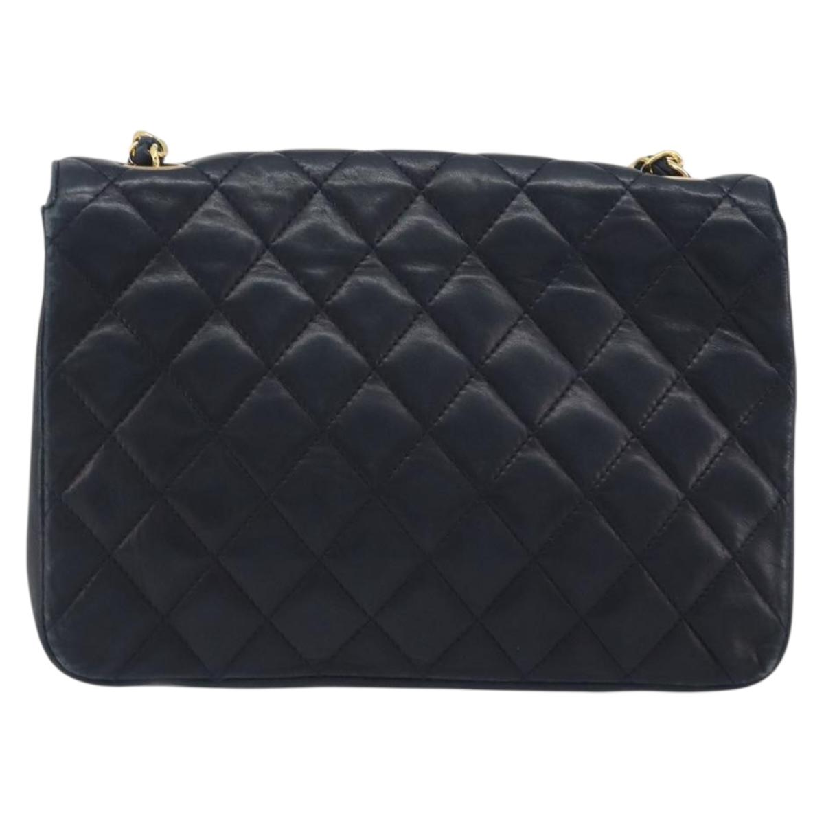 CHANEL Matelasse Chain Shoulder Bag Lamb Skin Navy Gold CC Auth 194761