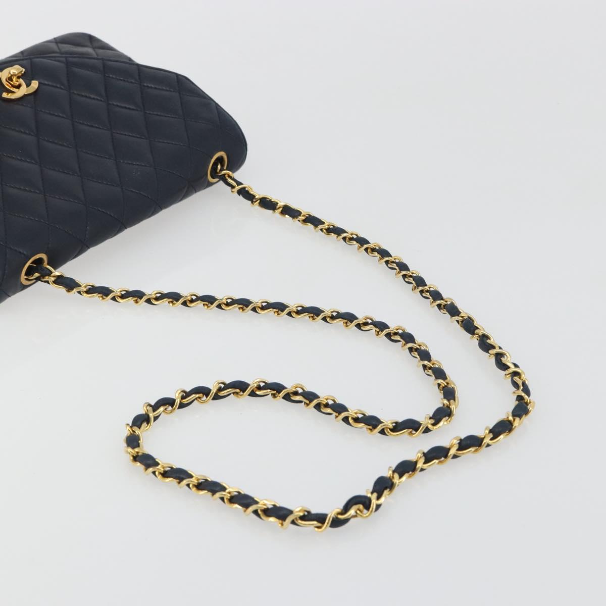 CHANEL Matelasse Chain Shoulder Bag Lamb Skin Navy Gold CC Auth 194761