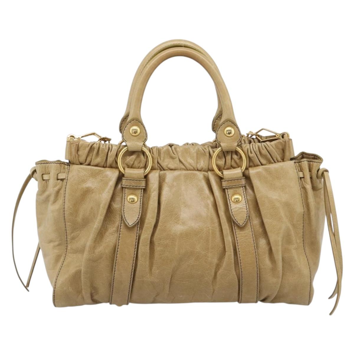 Miu Miu Hand Bag Leather 2way Beige Gold Auth 194762M