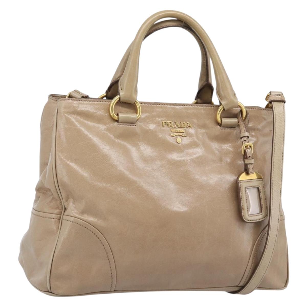 PRADA Hand Bag Leather 2way Beige Gold Auth 194763M