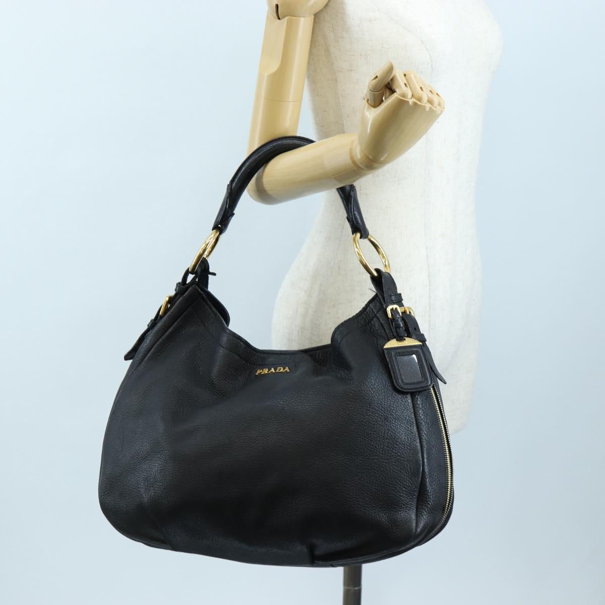 PRADA Shoulder Bag Vittero Dino Leather Black Gold Auth 194765M