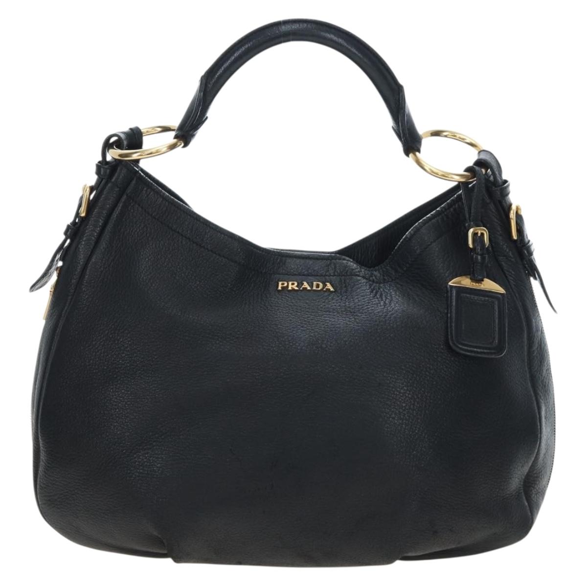 PRADA Shoulder Bag Vittero Dino Leather Black Gold Auth 194765M