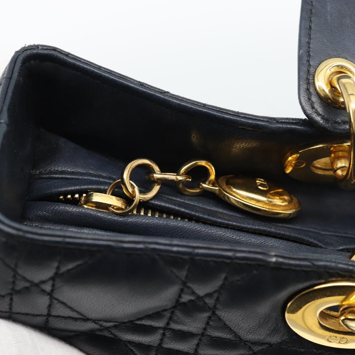 Christian Dior Lady Dior Canage Hand Bag Lamb Skin Black Gold Auth 194778V