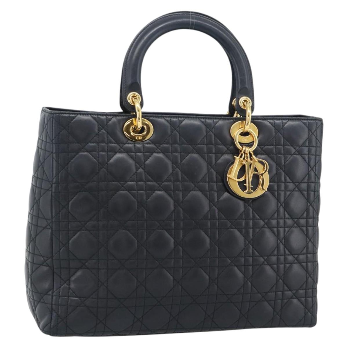 Christian Dior Lady Dior Canage Hand Bag Lamb Skin Black Gold Auth 194778V