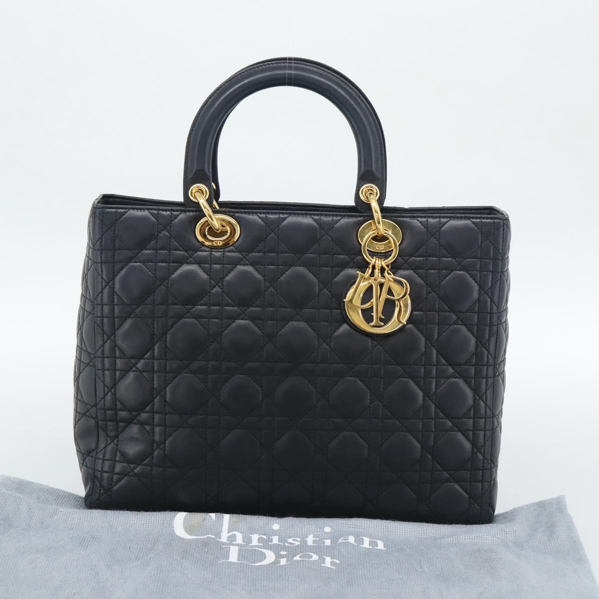 Christian Dior Lady Dior Canage Hand Bag Lamb Skin Black Gold Auth 194778V