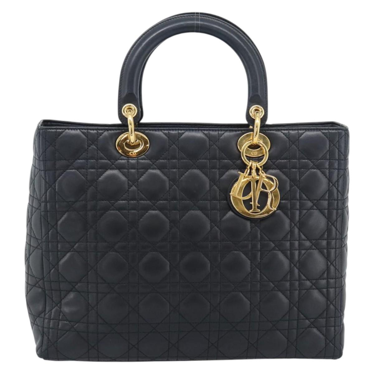 Christian Dior Lady Dior Canage Hand Bag Lamb Skin Black Gold Auth 194778V