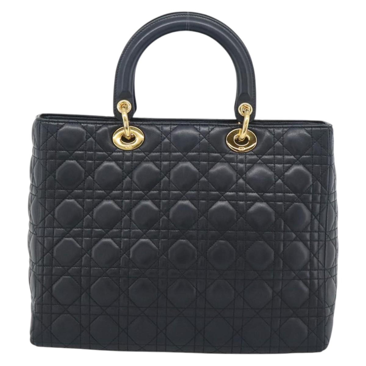 Christian Dior Lady Dior Canage Hand Bag Lamb Skin Black Gold Auth 194778V
