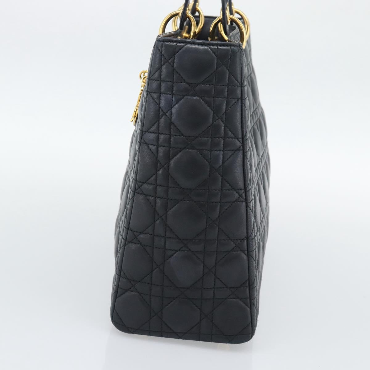 Christian Dior Lady Dior Canage Hand Bag Lamb Skin Black Gold Auth 194778V